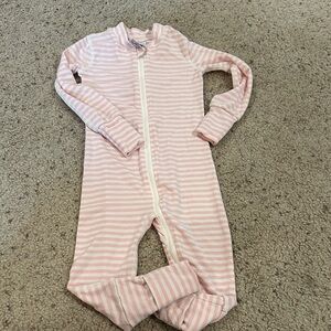 Hanna Anderson Pink and White Striped Kids footless, double zip pajamas.